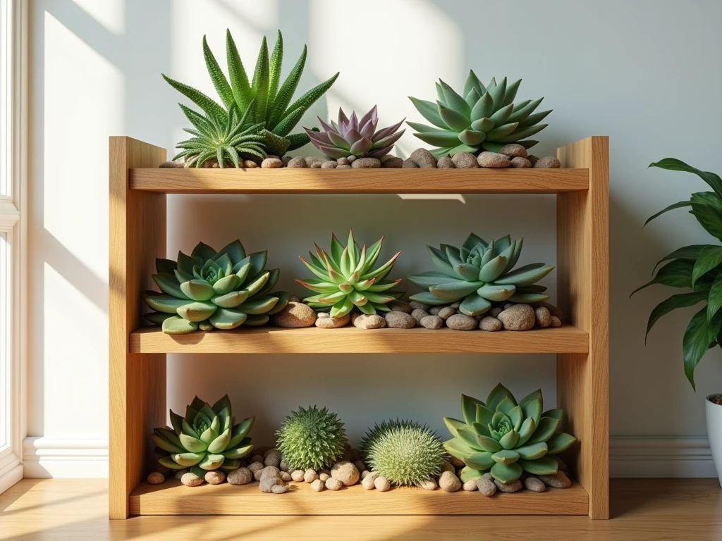 Elegant miniature wooden shelf with succulent plants