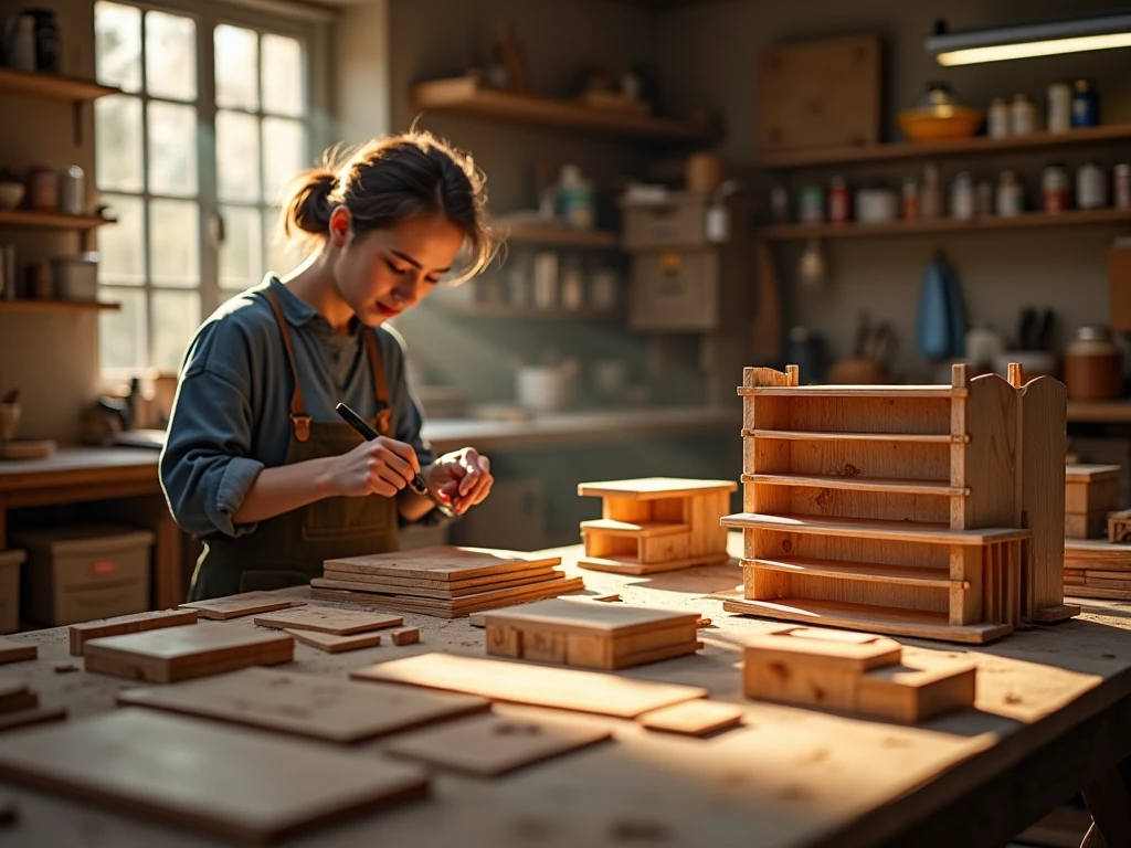Artisan workshop crafting miniature shelves