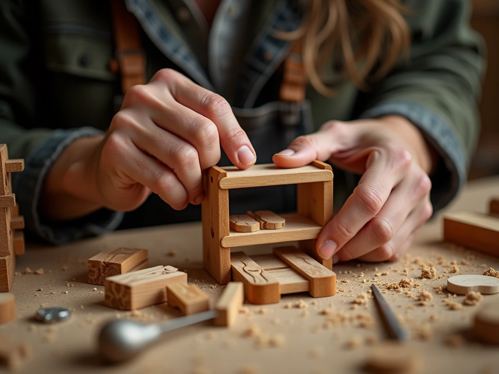 Artisan hands crafting miniature shelf